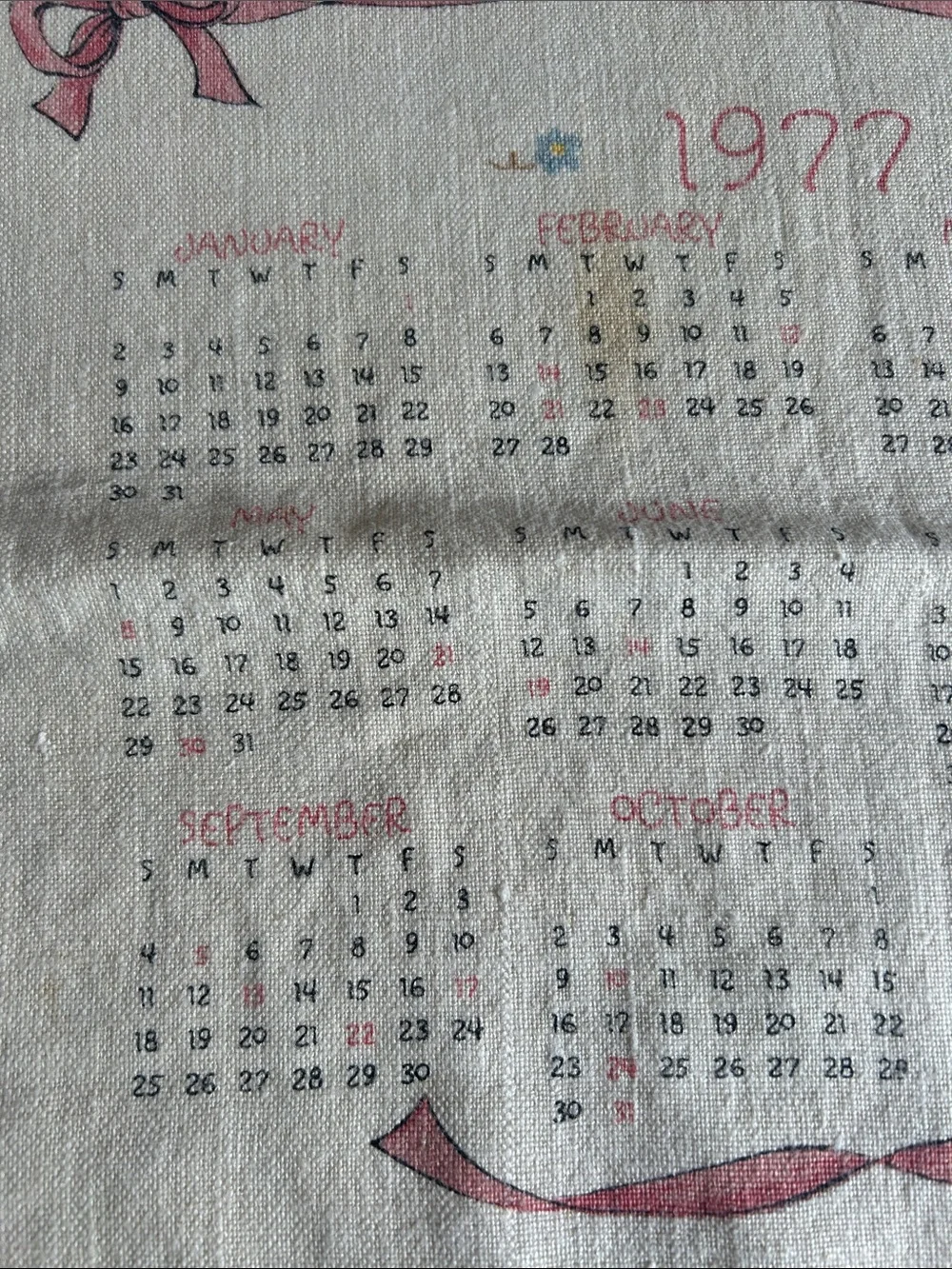 Cottagecore - adorable! 1977 Illustrated Calendar Tea Towel with Pink Ribbon